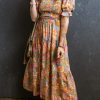 Chic High Waist Flowy Yellow Floral Midi Dress For Summer