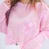 Light Pink Big Flower Hollowed Knit Drop Shoulder Sweater