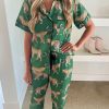 Green Cheetah Print Short Sleeve Shirt And Pants Pajama Set