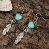 Silvery Turquoise Heart Shape Alloy Feather Drop Earrings