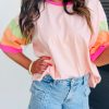 Pink Color Block Stitching Sleeve Round Neck Oversize Top