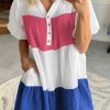 White Crinckle Colorblock Puff Sleeve Buttons Babydoll Dress