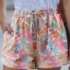 Pink Floral Print Side Pockets Drawstring Casual Shorts