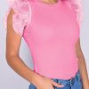 Strawberry Pink Ruffled Pleated Mesh Sleeve Ribbed Knit Slim Fit T Shirt