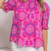 Feminine And Charming Women's Summer Blouse - Rose Floral Print With Stand Neck