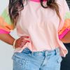 Comfortable And Stylish O-Neck Plus Size Tee With Color Block Design - Pink