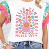 White Guitar Floral Print Flutter Sleeve T Shirt