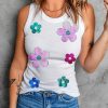 White Sequin Floral Pattern Ribbed Slim Fit Tank Top