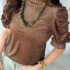 Camel Ruffled Arm Velvet Top