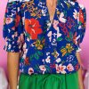 Blue Floral Printed Split V Neck Puff Sleeve Blouse