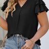 Black Ruffled Short Sleeve V Neck Plus Size Blouse