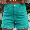 Turquoise Frayed Edge Mid Rise Denim Shorts