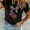 Short Sleeved Casual Shirt For Women - Rhinestone Bowknot Cherry Pattern