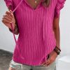 Rose Red Textured Ruffled Sleeve V Neck Top