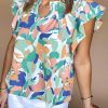 Green Abstract Print Notched Neck Flutter Sleeve Blouse