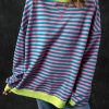 Relaxed Fit And Cozy: Women's Green Stripe Pullover Sweater With Contrast Trim