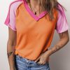 Orange Exposed Seam Color Block Knitted V Neck T-shirt