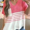 Lightweight And Soft Short Sleeve Top With Contrast Stripes And Chest Pocket