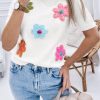 Breathable And Cozy White Short Sleeve Sweater With Floral Decoration