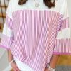 Pink Stripe Patchwork Bracelet Sleeve Plus Size T Shirt