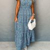 Flattering Fit Shirred Maxi Dress For Women With Short Sleeves And High Waistline