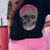 Comfortable Casual T-Shirt With Unique Rhinestone Skull Design - Black