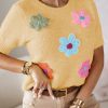 Elegant And Soft Yellow Cream Floral Appliqué Short Sleeve Top For Women