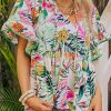 Summer Chic: Ruffled V-Neck Blouse With Exotic Floral Pattern