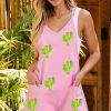 Casual Summer Wear: Pink Cactus Embellished Pocketed Romper With Functional Pockets