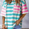 Blue Stripe Contrast Patch Pocket Drop Sleeve T Shirt