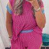 Bright Pink Textured Knit Contrast Trim Plus Shorts Set