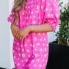 Bright Pink Printed Shirred Yoke Half Puff Sleeve Dress