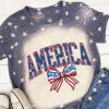 Blue Starry Bleached AMERICA Bowknot Graphic T Shirt