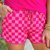 Rose Checkered Drawstring Elastic Waist Casual Shorts