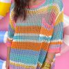 Pink Stripe Colorblock Hollowed Crochet 3/4 Sleeve Sweater