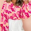 Feminine And Versatile Pink Floral Shirt With Puff Sleeves And Button Front