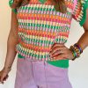 Green Multicolor Flutter Sleeve Knitted Sweater Top