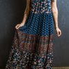 Blue Boho Floral Splicing Sleeveless Maxi Dress