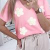 Pink Flower Crochet V Neck Short Sleeve Sweater