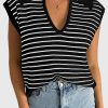 Black Stripe Turn-down V Neck Sweater Tank Top