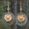 Real Teal Retro Sunflower Disc Alloy Dangle Earrings