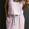 Pink Stripe Contrast Trim Pocketed Casual Tank Dress