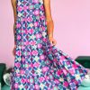 Blue Floral Print Frilly Neck Sleeveless Tiered Maxi Dress