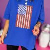 Dark Blue Sequin American Flag Graphic Split Baggy T Shirt