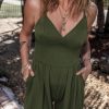 Moss Green Spaghetti Straps Cinched Waist Ribbed Romper