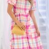 Feminine And Elegant Pink Checkered Belted Midi Dress With Short Puff Sleeves