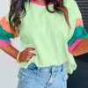 Green Color Block Stitching Sleeve Round Neck Oversize Top