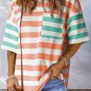 Orange Stripe Contrast Patch Pocket Drop Sleeve T Shirt