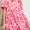 Pink Floral Tiered Puff Sleeve Mini Shirt Dress