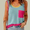 Light Blue Color Block Patched Pocket Breathable Knit Tank Top